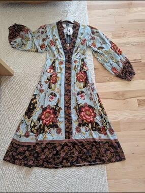 Boho Floral Midi Dress in Light Blue with Red Accents